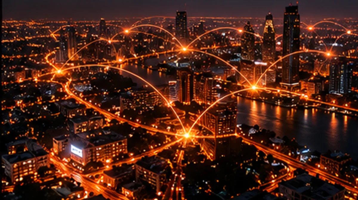 Vista noturna de cidade com estabelecimentos conectados por linhas de luz